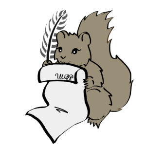 Cartoonish drawing of a squirrel holding a piece of paper and a quill. Paper is initialed with "S.G.M."